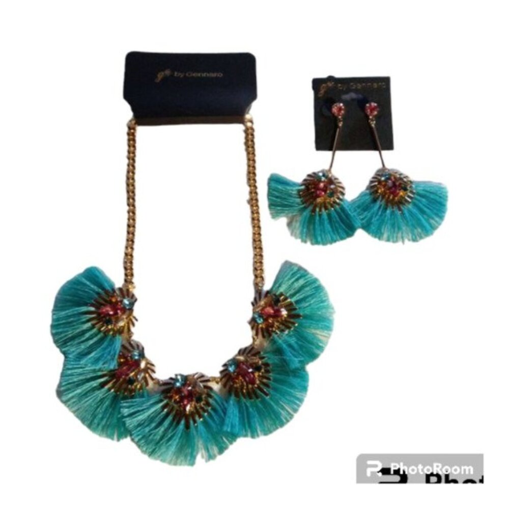 g by Gennaro blue fanned tassels necklace & earrings NEW